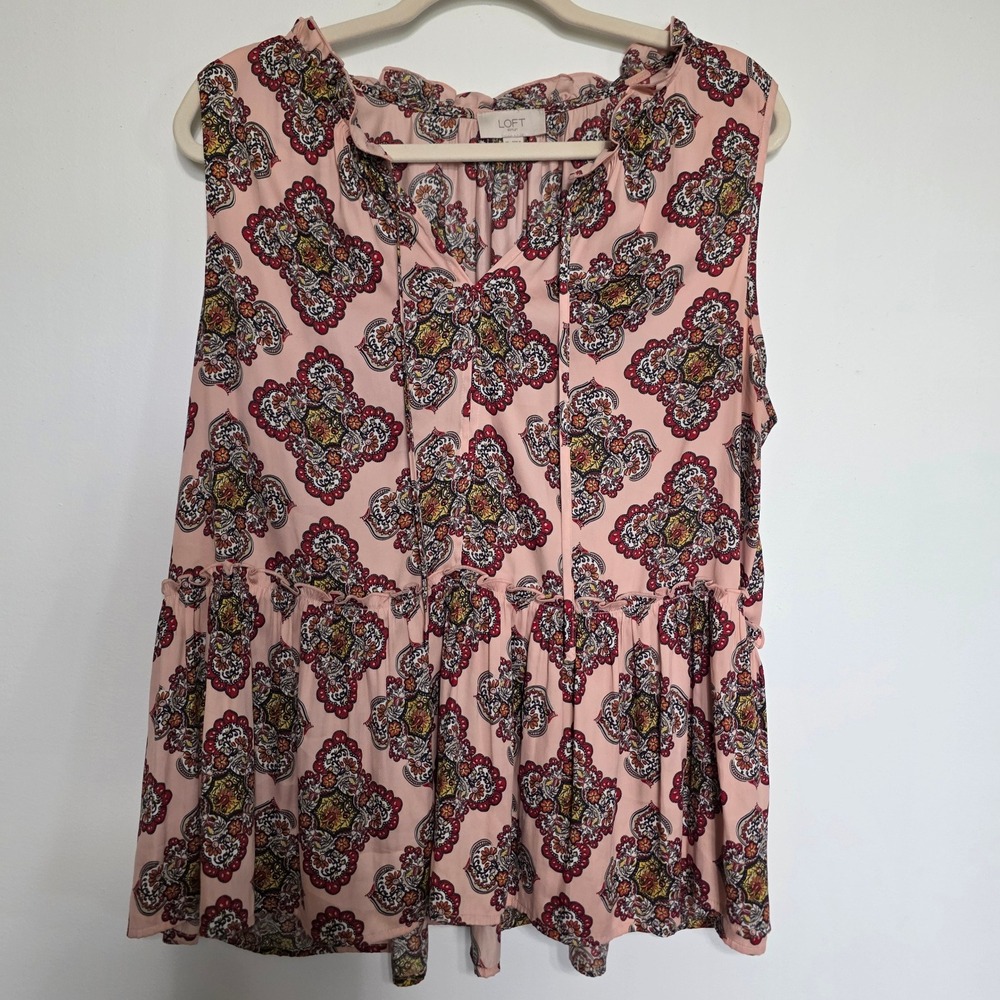 LOFT Pink Medallion Print Sleeveless Peplum Blouse Boho Tank Top Size XL